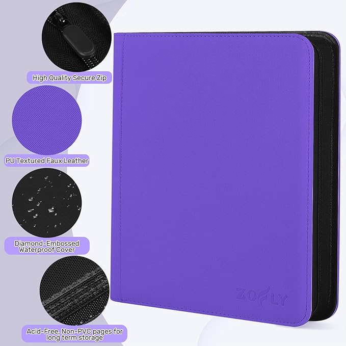 12 Pocket Card Binder, Zipper Trading Card Binder, 720 Large Capacity Side Loading Non-Ring Card Album, Double Sided Acid-Free Card Protector Binder, Card Collection for TCG, MTG, Sport Card, Purple
