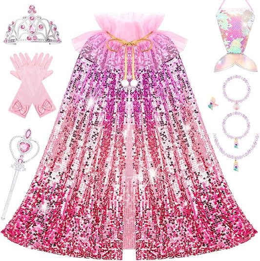 Meland Princess Dress Up for Girls 3-8, 11Pcs Mermaid Cape with Crown, Dress Up Clothes Birthday Gift Toys for Girls Toddlers
