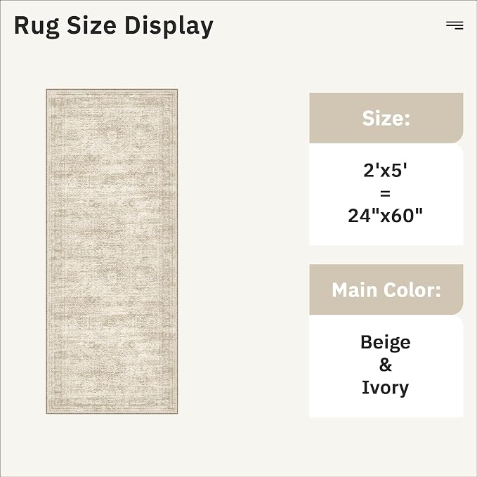 Soalmost Runner Rug 2x5 Washable Non-Slip Kitchen Entry Runners Beige | Soft Low-Pile Rugs for Bathroom Laundry Room, Vintage Foldable Floor Carpet Mat Hallway Entryway for Corridor Bedroom