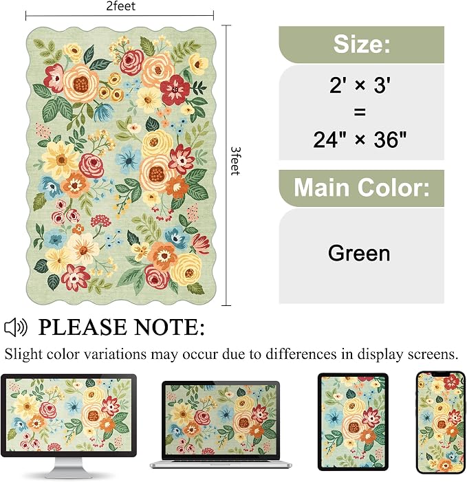 DUKINO 2x3 Rugs for Entryway, Floral Door Mat Washable Kitchen Rugs, Green | Non Slip, Low Pile, Soft Small Rugs for Entrance, Bedroom, Bathroom, Laundry, Pet Friendly, Non-Shedding, Modern Home Decor