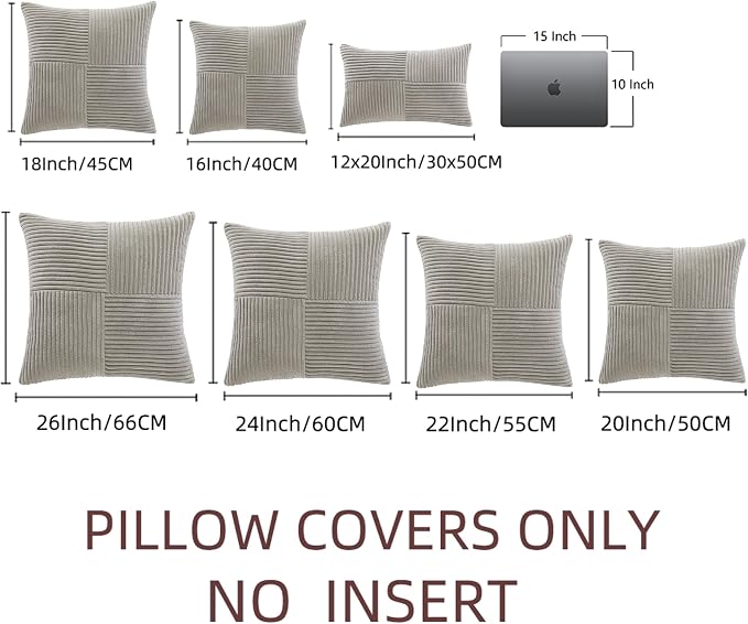 Fancy Homi 2 Packs Neutral Grey Euro Decorative Throw Pillow Covers 26x26 Inch for Couch Bed Sofa, Rustic Farmhouse Boho Home Decor, Soft Corss Corduroy Patchwork Textured Square Cushion Case 66x66 cm