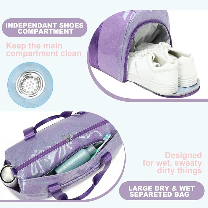 Gym Bag Sports Duffle Bag with Wet Pocket Weekender Overnight Bags with Waterproof Shoe Pouch and Air Hole for Girls Kids Women Workout Travel Bags (Purple)