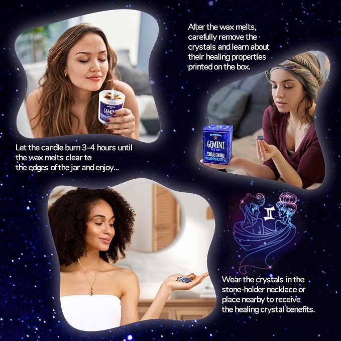 DANCING BEAR Gemini Zodiac Candle Gift Box Set with 3 Healing Crystals & Stone Holder Necklace, 100% Soy Scented Wax, Crackling Wood Wick, 45 Hour Burn Time