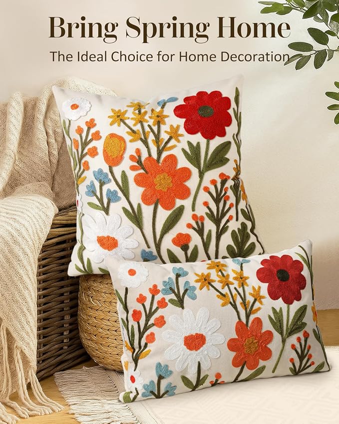 Embroidered Lumbar Pillow Cover 20x12 Inch, Flower Cluster | Decorative Throw Pillow Cover, Floral Farmhouse Cushion Case with Hidden Zipper, Home Decor for Couch, Sofa, Living Room