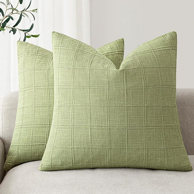 Foindtower Set of 2 Decorative Linen Check Throw Pillow Covers Neutral Farmhouse Vintage Cushion Covers Modern Boho Accent Home Decor for Sofa Chair Couch Bedroom Living Room,22×22 Inch,Light Green