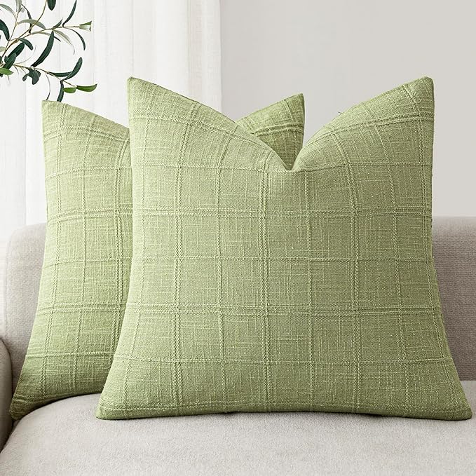 Foindtower Set of 2 Decorative Linen Check Throw Pillow Covers Neutral Farmhouse Vintage Cushion Covers Modern Boho Accent Home Decor for Sofa Chair Couch Bedroom Living Room,18×18 Inch,Light Green