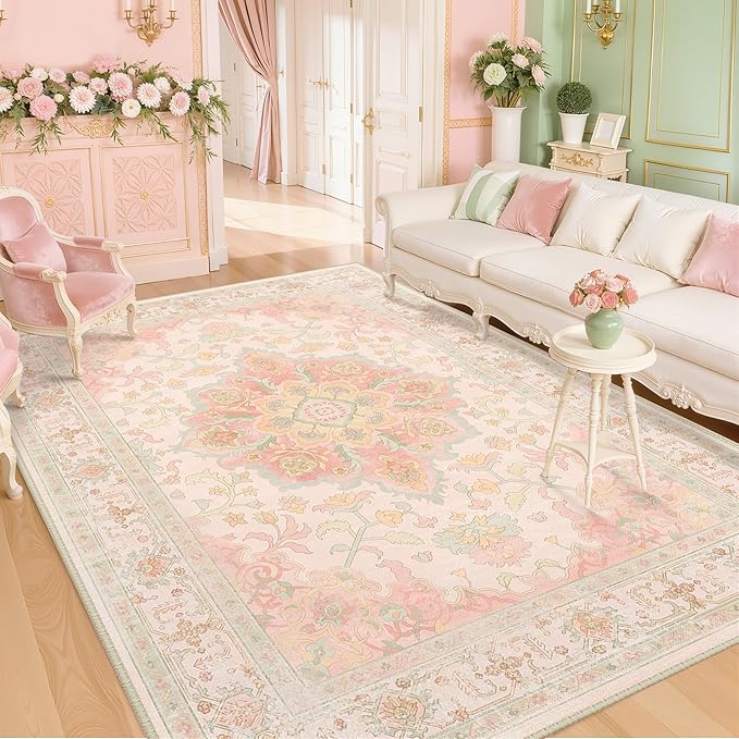 CAPALOCA 5x8 Washable Nursery Girls Low Pile Area Rug Pink Green | Non-Slip Soft Rugs for Bedroom Kids Playroom Living Room, Print Pattern Water Repellent Carpet Indoor Decor