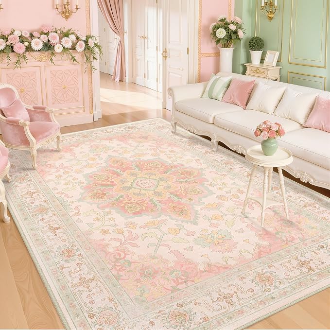 CAPALOCA 9x12 Washable Nursery Girls Low Pile Area Rug Pink Green | Non-Slip Soft Rugs for Bedroom Kids Playroom Living Room, Print Pattern Water Repellent Carpet Indoor Decor
