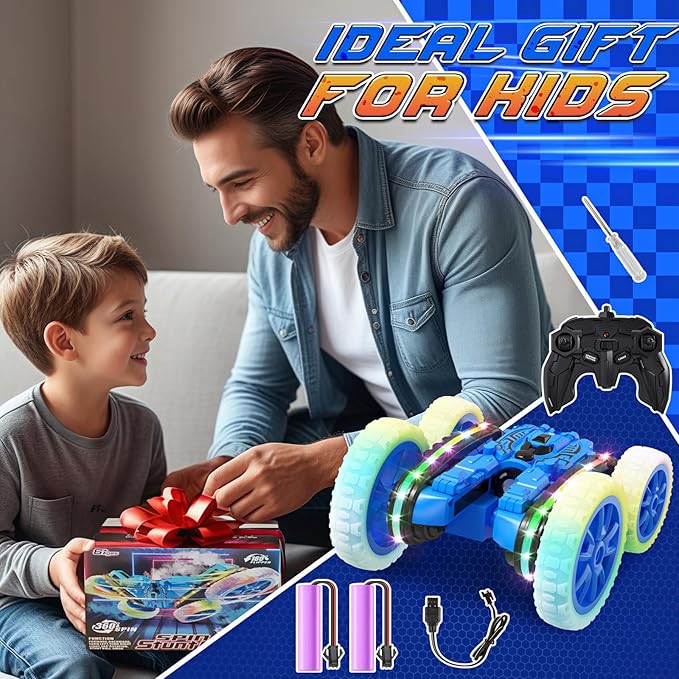 Jimdella RC Cars Toys, 2-in-1 Remote Control Car Transform 4WD with Spray & LED Lights, 2.4GHz Off-Road Stunt Truck for 360° Flips Gift for Boys Age 8-12 (Blue)