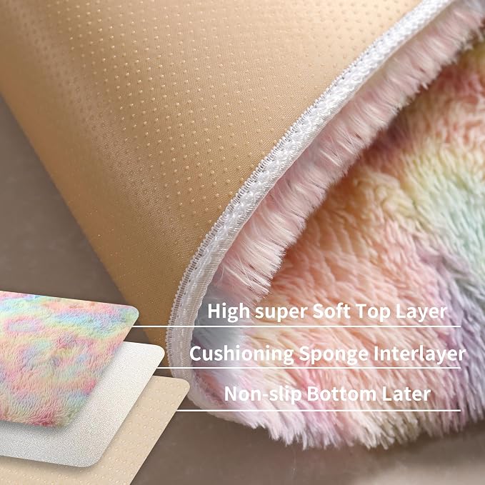 KCHOWUA Rainbow Unicorn Fluffy Fuzzy Rug 2x6, 2 Pcs Washable Non Slip | Soft shaggy area rug for girls bedroom, princess kids room, living room, nursery, dorm, and classroom