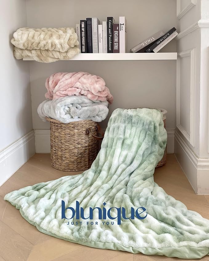 Ultra Soft Cozy Faux Fur Throw Blanket, Fuzzy Plush Thick Bubble Blanket, Luxury Fluffy Blanket for Couch, Sofa, Bedroom, and Living Room, 60x80 Inches,Tie-Dye Sage