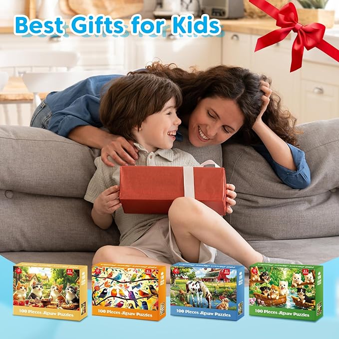 4 Packs 100 Piece Puzzles for Kids Ages 4-6 6-8 8-10, Dogs Cats Farms Birds Educational Jigsaw Puzzles, Kids Puzzles 5-8 Gifts for Girls Boys Adults Seniors 15x11in