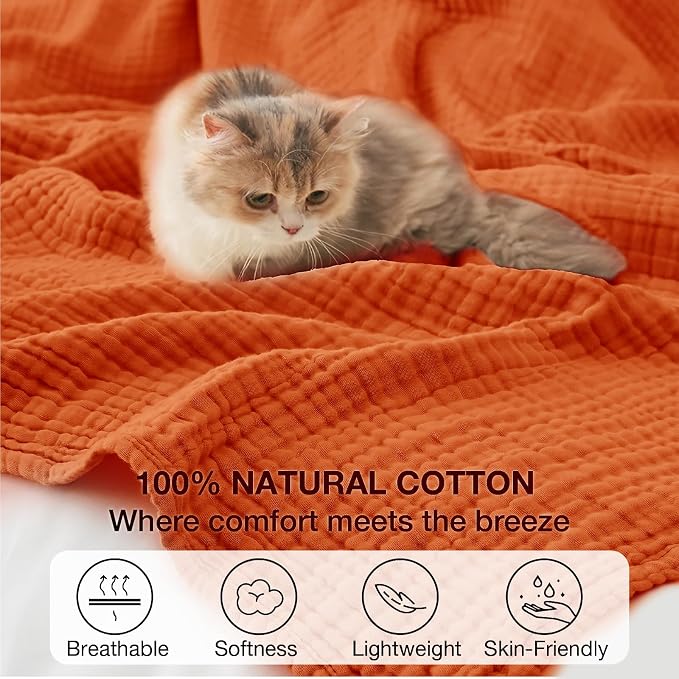 100% Cotton Muslin Blanket Twin 60" x 80", Breathable and Lightweight Cotton Twin Blankets for Couch, Soft Cooling Summer Gauze Blanket for Adults All Season, Burnt Orange