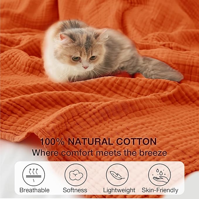 100% Cotton Muslin Blanket California King 120" x 90", 6 Layers Breathable and Lightweight Oversized Blankets for Bed, Soft Cooling Gauze Blanket for Adults All Season, Burnt Orange