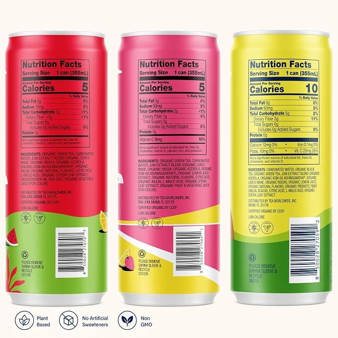 Juni Sparkling Adaptogen Drink with Ashwagandha, Lion’s Mane & Reishi Mushrooms, Green Tea for Focus, Zero Sugar, Strawberry, Watermelon, Lemonade Iced Tea, Variety Pack, 12-pack