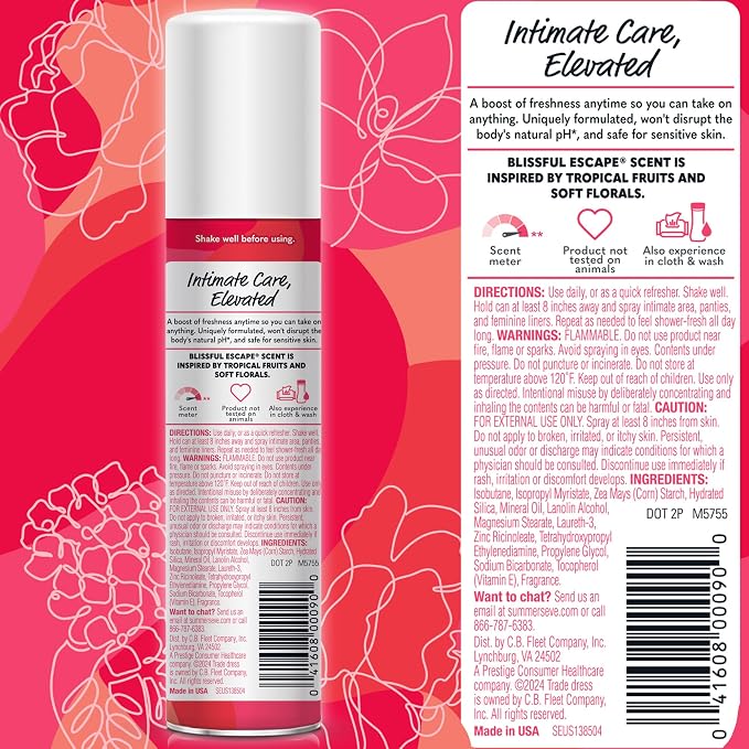 Summer's Eve Daily Refreshing Feminine Spray, Blissful Escape, Daily Body Spray for Women, Feminine Care that Neutralizes & Reduces Body Odor, Gynecologist-Tested, 2 oz