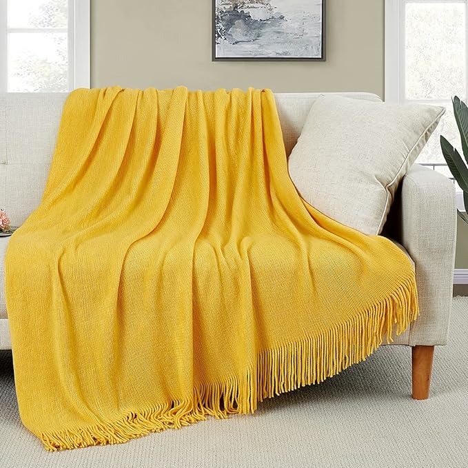 Homiest Mustard Yellow Knitted Throw Blanket with Fringe, 50x60 Inch | Pure Acrylic, Lightweight & Breathable, All-Season Use, Machine Washable, Wrinkle & Fade Resistant, for Couch Sofa And Bed