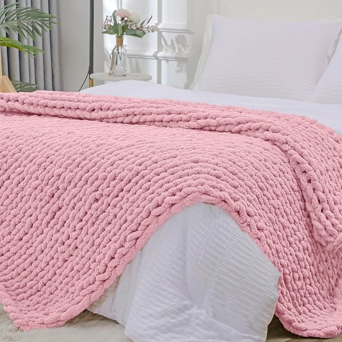 Bigacogo Chunky Knit Throw Blanket for Couch, 40x80 inches, Blush Pink | Hand Knit with Jumbo Chenille, Soft Breathable Cable Knit for Sofa Bed Living Room, Machine Washable, Gift for Mom Friend