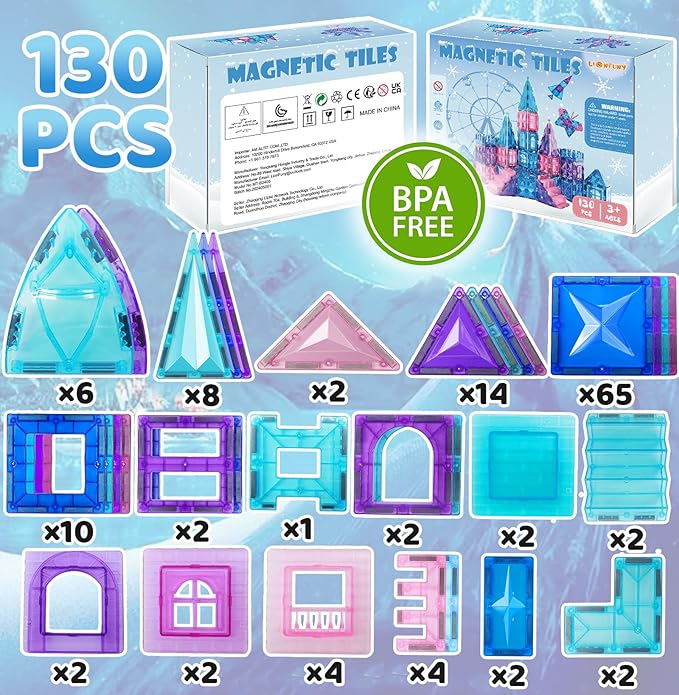 130PCS Magnetic Tiles, 3D Diamond Magnetic Blocks, Magnet Tiles for Kids Age 3-5 4-8 8-12, STEM Sensory Educational Magnet Toys for Kids Girls Boys Birthday Xmas Gifts