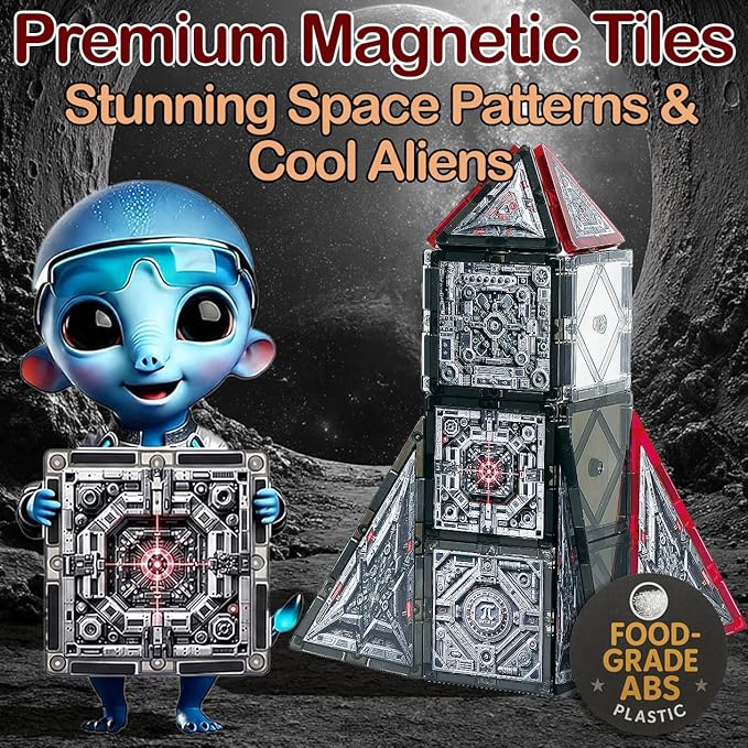 Little Pi Space Battleship Magnetic Tiles 48 PCS | Magnetic Blocks for Star Inspired Galactic Building | STEM Toys for Kids Age 3 4 5 6 7 8