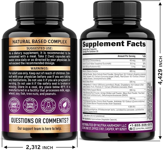 Menopause Supplements for Women - Dong Quai, Black Cohosh, Pre & Probiotics - Sweats & Hot Flashes Relief - Digestion, Sleep & Mood Support - 25-in-1 Perimenopause Complex - Lab Tested - 60 Capsules