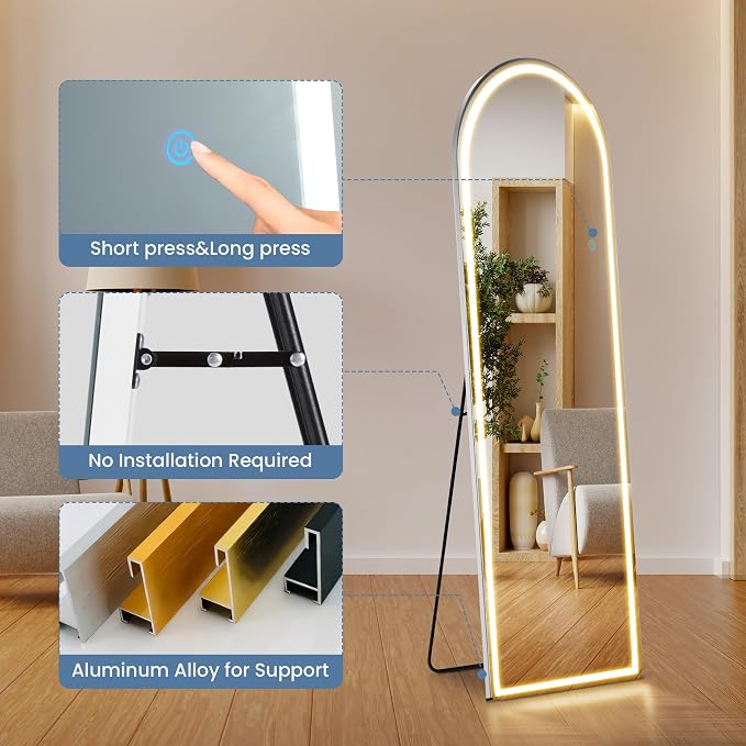 OLIXIS 16"x 60" Arched Full Length Mirror with Lights, LED Body Mirror | with 3 Color Lighting, Wall Mounted Mirrors for Bedroom, Home, Entryway with Tempered Glass