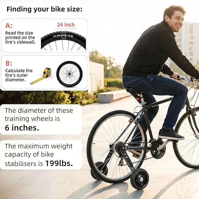 Adjustable Bicycle Training Wheels for Adults, Fit 24" to 28" Bikes, Steel Construction, Black, 1 Pair - Safe and Stable Learning Training Wheels