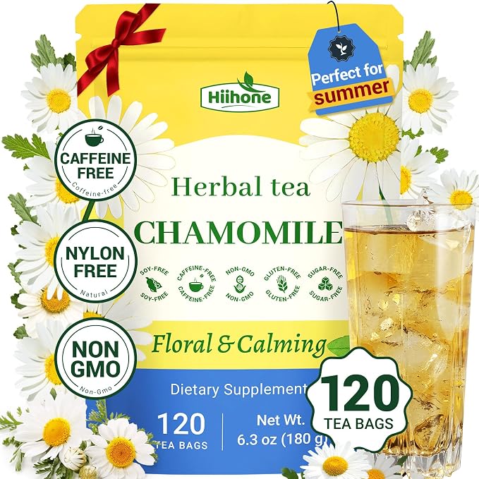 Hiihone Chamomile Tea Bags 120 Count – Pure Chamomile Herbal Tea, Caffeine-Free, Supports Relaxation & Stress Relief, Premium Floral Chamomile, Non-GMO Natural Herbal Tea