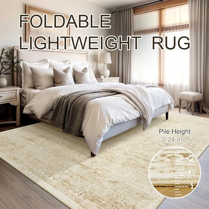 Soalmost Washable Area Rug 9x12 Large Soft Living Room Rugs Beige/Ivory | Farmhouse Vintage Carpet Non-Slip for Dining Bedroom, Stain Resistant Low Pile Foldable Thin Floor Mat Under Table Home Decor