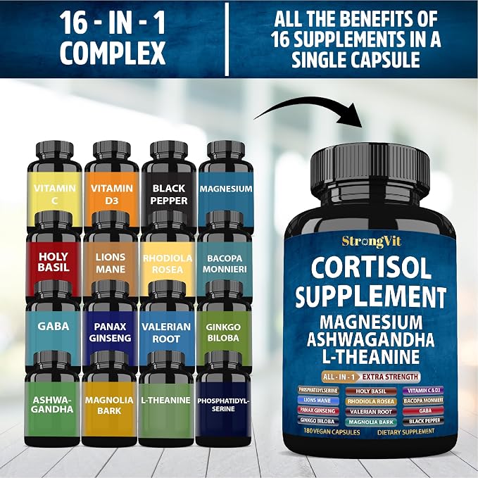StrongVit Cortisol Supplements for Women and Men with Magnesium, Ashwagandha & L-Theanine. High Cortisol Reducer, Manager, Detox, Lower and Control. Sleep Support & Stress Relief, USA (180 Capsules)