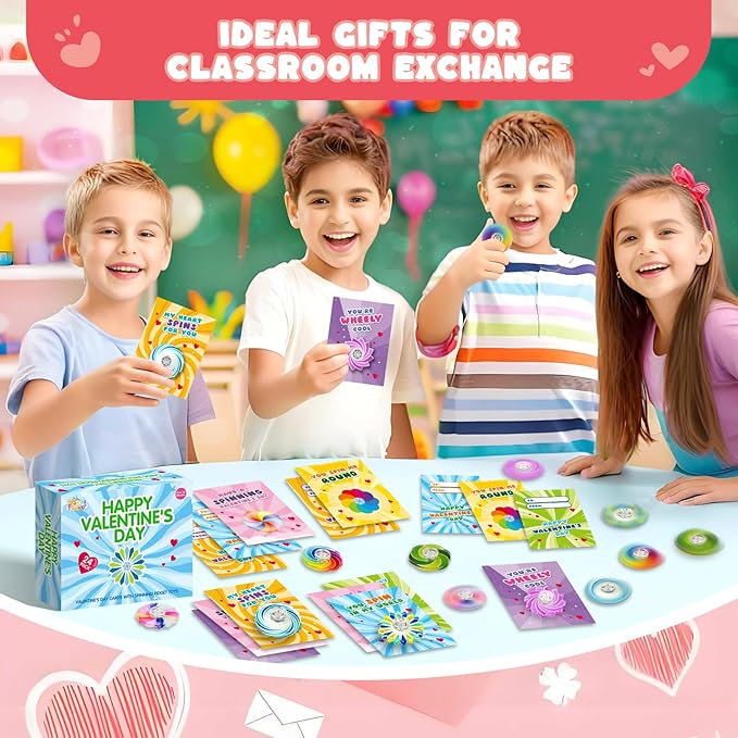 SpringFlower Valentines Day Cards For Kids Classroom With Fidget Sensory Spinner Toys For Valentines Party Favors Supply, Classroom Gift Exchange For Kids Classmates Gift Cards Prizes, 24 Pack