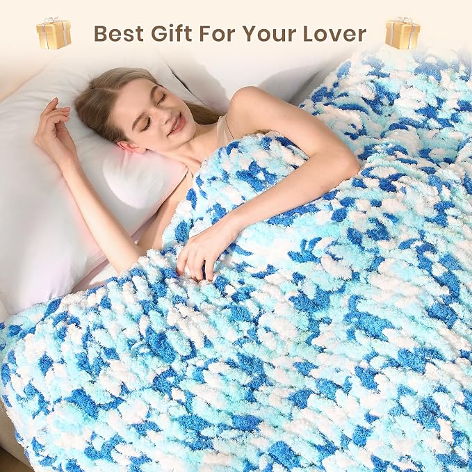 L'AGRATY Chunky Knit Throw Blanket for Couch, 60 x 80 Inches, Blue White | Handmade Chenille Crochet Blanket for Sofa Bed, Thick Cable Knitted Blankets for Room Home Decor, Birthday Gift for Women Mom