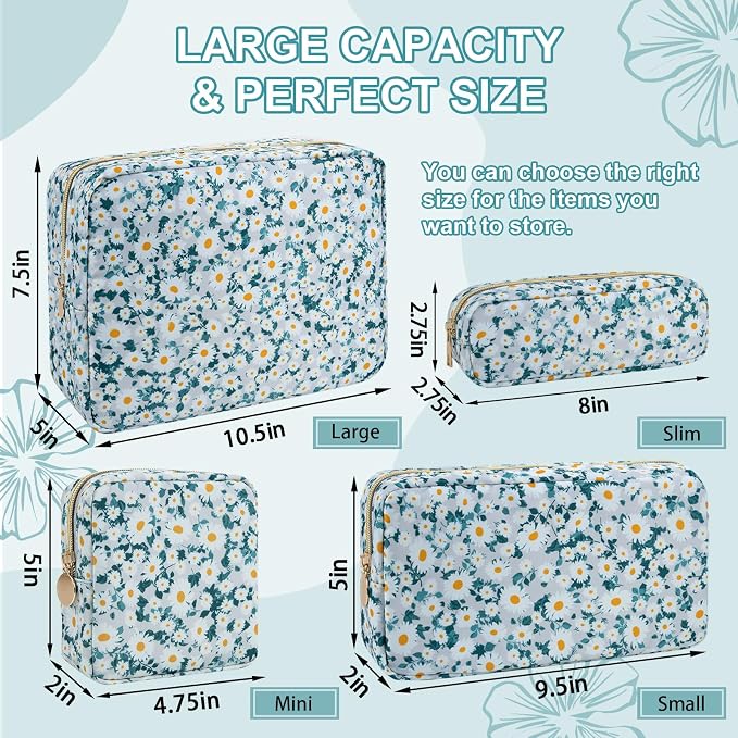 UIXIZQ Waterproof Small Floral Pencil Case Makeup Bag for Purse,Cute Flower Pencil Pouch Preppy Nylon Makeup Brush Holder with Zipper,Girls Portable Storage Case for Work(Slim Green-Daisy)