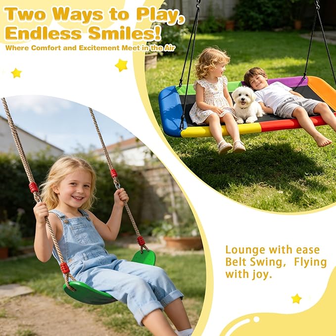 3-in-1 Swing Set for Backyard for Kids, with 1 Platform Swing, 2 Belt Swing, 600lbs Metal Swing Set for Toddler, Heavy-Duty Swing Stand w/8 Ground Stakes, Outdoor Swingset for Kids Adults (Black)