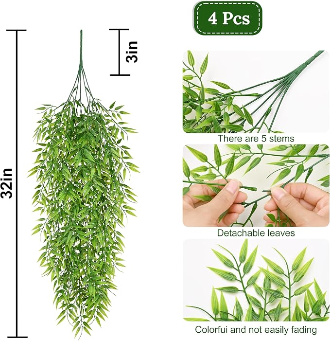 Waipfaru 4Pcs Artificial Hanging Plants, Fake Willow Leaves Vines | UV Resistant Faux Outdoor Plants Ivy Vines for Modern Boho Patio Outdoor Indoor Party Wall Porch Gazebo Aesthetic Decor