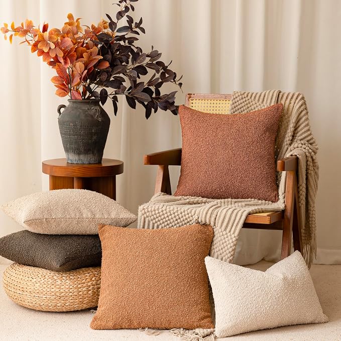 Foindtower Pack of 2 Textured Boucle Throw Pillow Covers Accent Solid Pillow Cases Decorative Cozy Soft Couch Cushion Case for Chair Sofa Bedroom Living Room Home Decor 20x20 Inch Burnt Orange Hazel