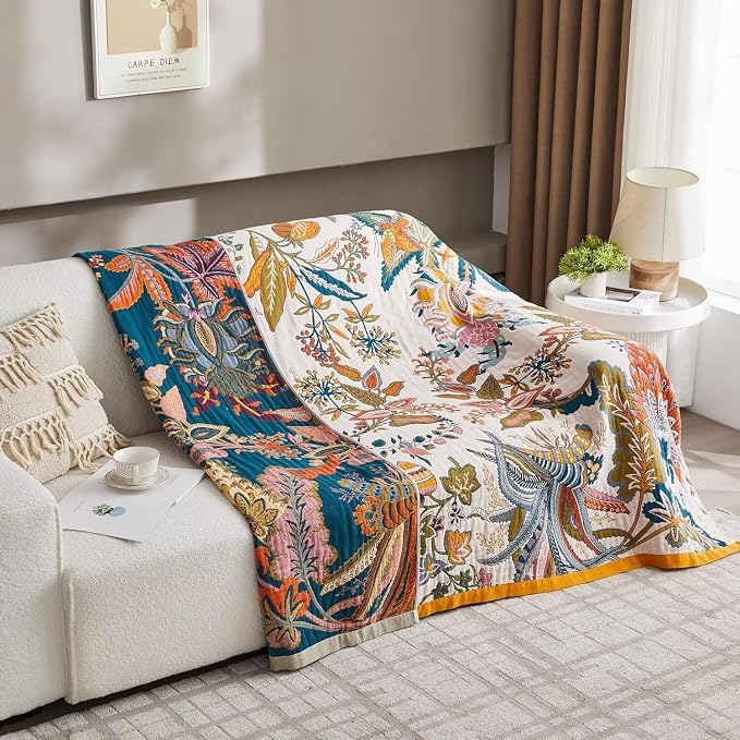 Boho Throw Blanket Farmhouse Decor Throw Blanket Bohemian Blanket for Bed 100% Cotton Muslin Woven Couch Blanket All Seasons Quilt Bedroom (J-Beige, 90"x98")
