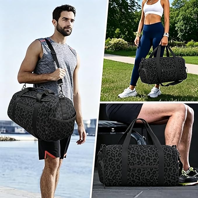 Fiokroo Sports Gym Bag Leopard Black Texture Travel Duffel Bag For Men Women With Shoe Compartment Water Resistant Gym Bag Carry On Duffel Bag For Weekend Traveling Yoga Gym Sports