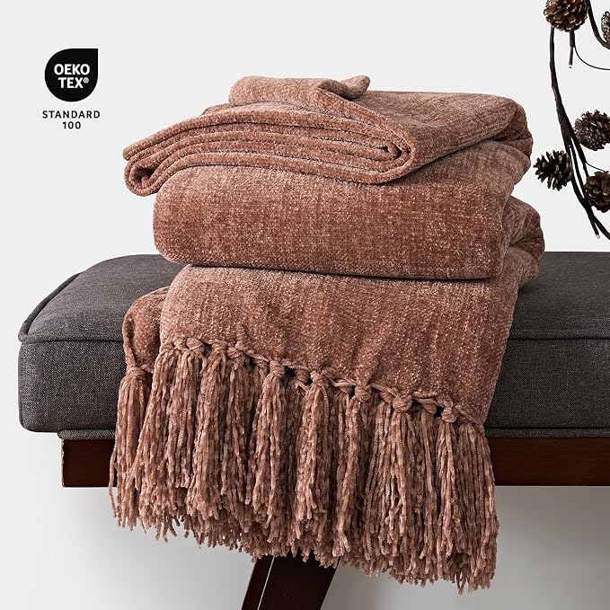 Chenille Knit Throw Blanket for Couch, 60"x80", Clay