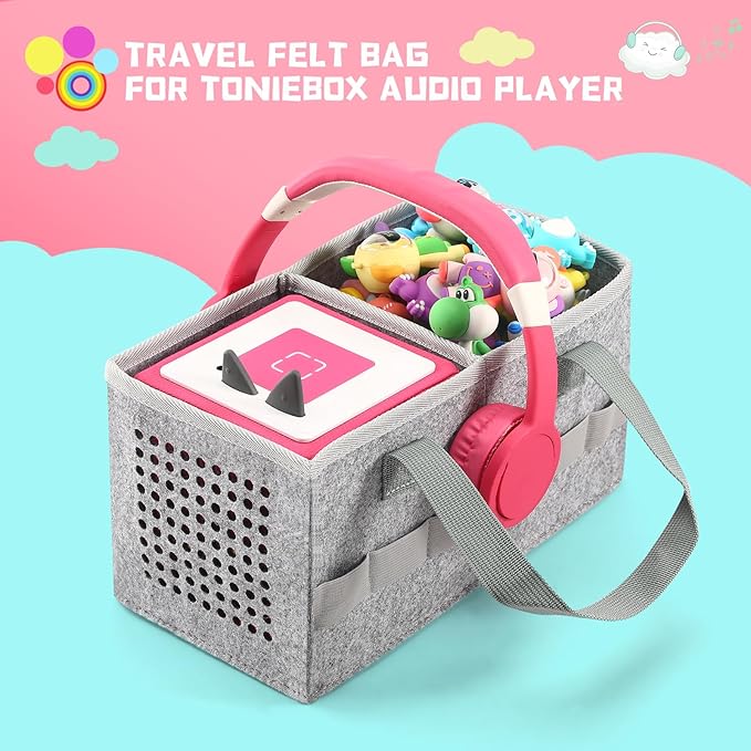 Carrying case for Toniebox Audio Player and Figurines Starter Set,Felt Organizer Bag,Travel for toniebox 2 Earphone and charger accessories portable bag (Grey)
