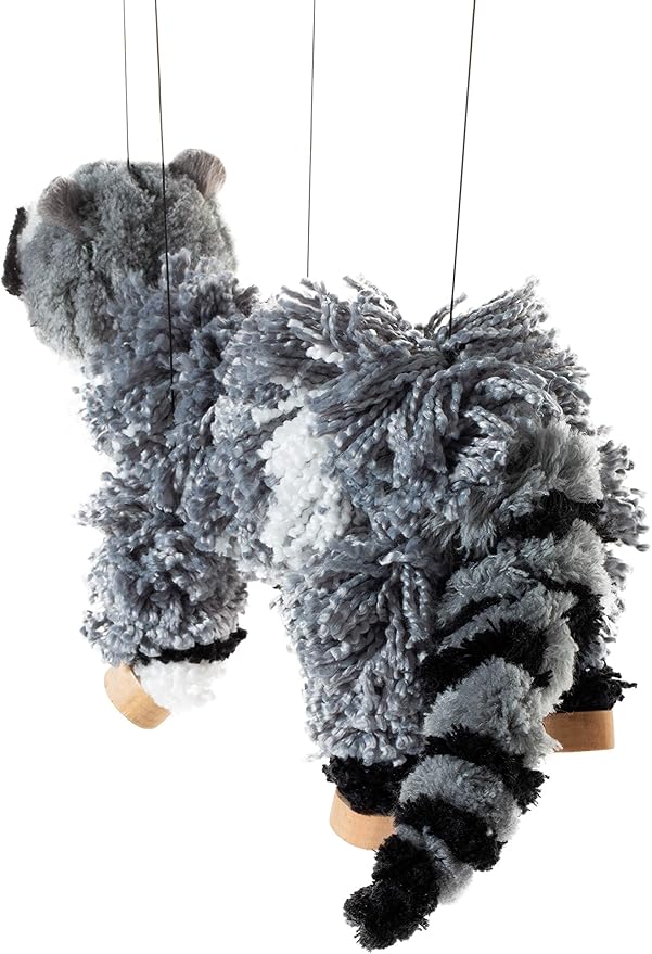 Artisan Owl Raccoon Marionette Puppet - Soft Yarn Body with Wooden Feet, Detachable Strings