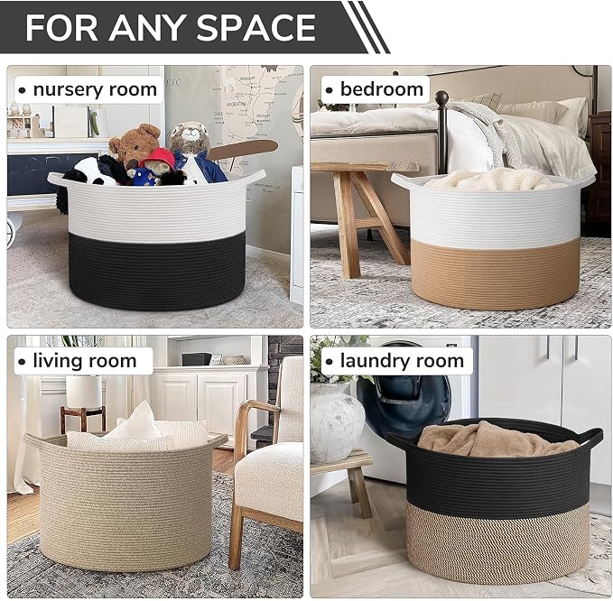 INDRESSME 115L Extra Large Woven Rope Blanket Basket Living Room WhiteBlack | 23.6" x 15.7" Storage baskets for toys laundry & pillows. Fits living room, bedroom or nursery décor. Soft-touch with handles