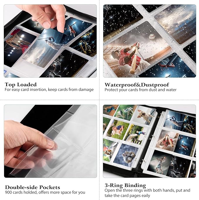 WOT I Trading Card Binder, 900 Pockets Collection Card Binder Sleeves with Polyester Fabric Cover&Zipper, Double Sided Pockets Card Holder Carry Card Case for Standard Size Cards - Grey