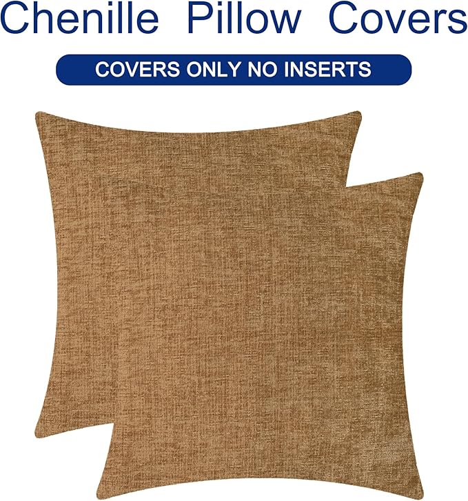 CaliTime Decorative Couch Throw Pillow Covers 26 X 26 Inches Apricot Brown | Pack of 2, Cozy Chenille Cushion Cases for Sofa Bed Living Room Farmhouse Home