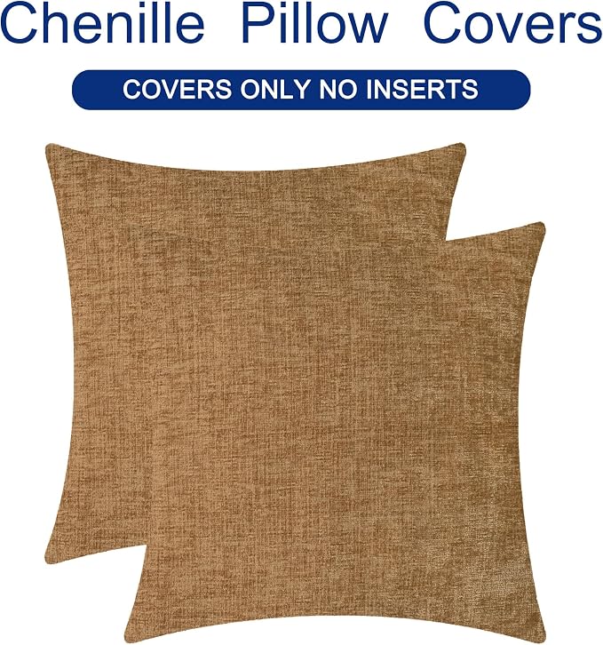 CaliTime Decorative Couch Throw Pillow Covers 22 X 22 Inches Apricot Brown | Pack of 2, Cozy Chenille Cushion Cases for Sofa Bed Living Room Farmhouse Home