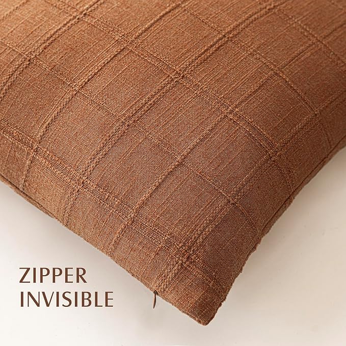 Foindtower Set of 2 Decorative Linen Check Throw Pillow Covers Neutral Farmhouse Vintage Cushion Covers Modern Boho Home Decor for Sofa Chair Couch Bedroom Living Room,20×20 Inch,Orange