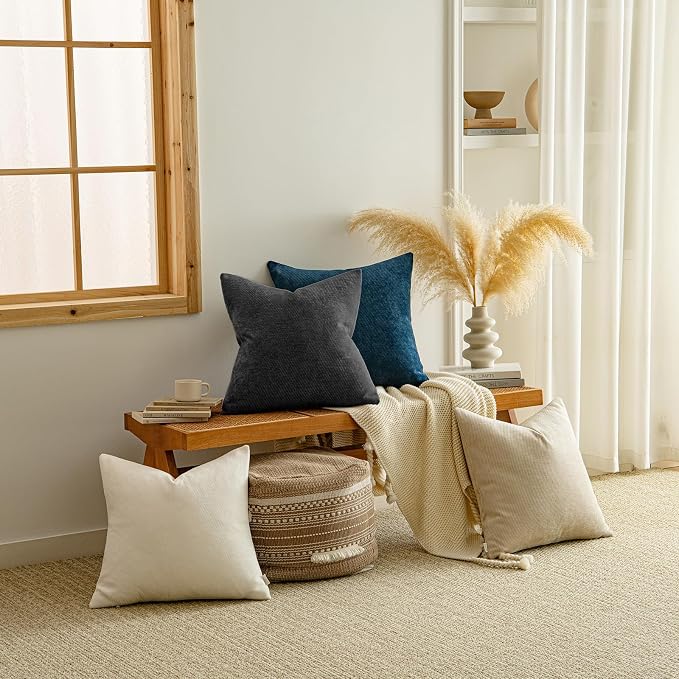 a moment Pack of 2 Decorative Chenille Throw Pillow Covers with Twill Cushion Covers for Sofa Living Room Couch Bed 24x24 Inch Black