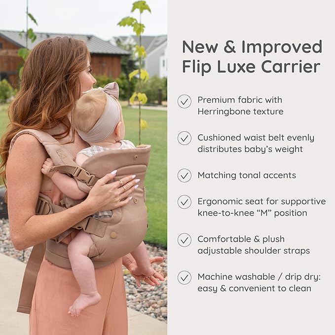 Infantino Flip Luxe 4-in-1 Convertible Baby Carrier, Ergonomic Infant to Toddler Carrier, Updated Lumbar Support, Premium Herringbone Fabric, Elevated Accents, Hands-Free Comfort, 7–35 lbs, Affogato