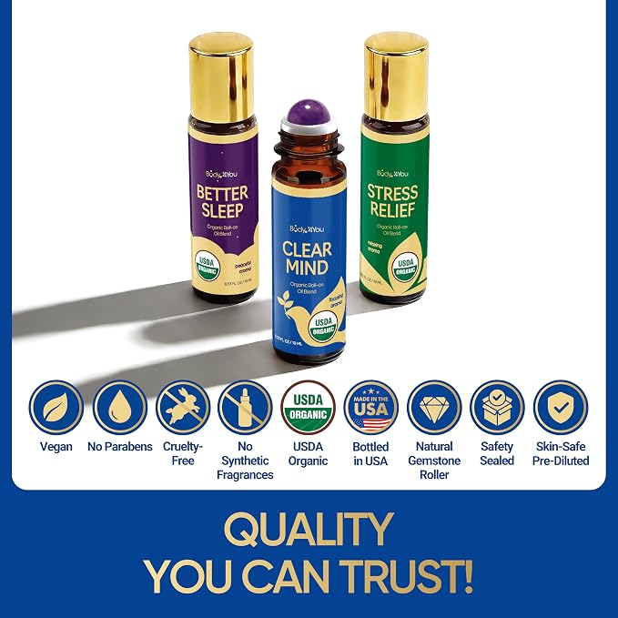 BodyJ4You Focus Essential Oil Blend - Mental Clarity Study Concentration | 100% Pure USDA Organic Jojoba MCT Lavender Frankincense - Clear Mind Roller Ball Roll-On Meditation Wrists - Amber Glass 10ml