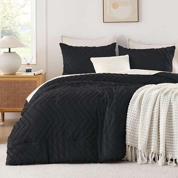 Andency Black California King Comforter Set, Boho Cal King Soft Warm Tufted Neutral Bedding Comforter Sets, 3 Pieces Cali King Aesthetic Chevron Farmhouse Cute Bohemian Textured Bedding Set